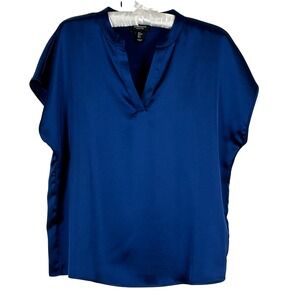Jones‎ & Co Deep Cerulean Blue Satin Cap Sleeve Blouse Womens Size L